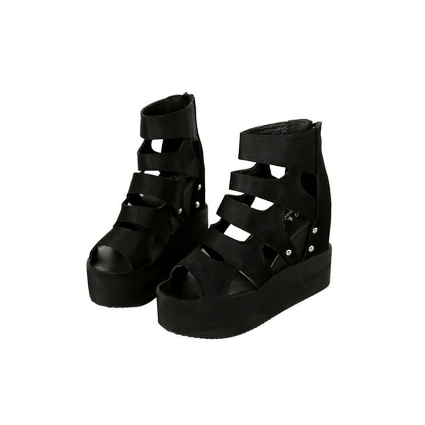 Details about   Womens Black Peep Toe Hollow Out Buckle Strap Gladiator High Heels Sandals Boots 